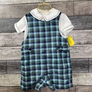 SS BUTTON DOWN SHIRT + PLAID SHORTALLS 18 MO
