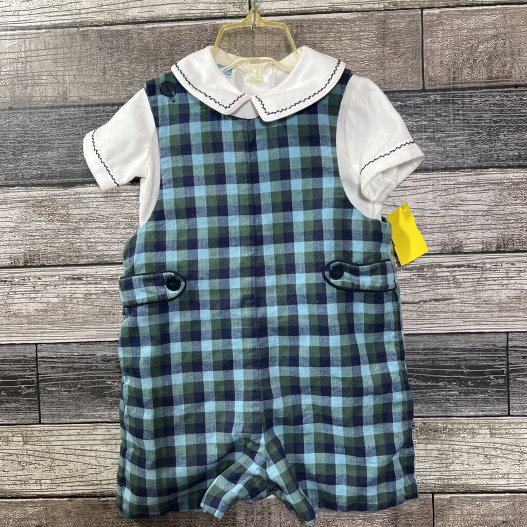 SS BUTTON DOWN SHIRT + PLAID SHORTALLS 18 MO
