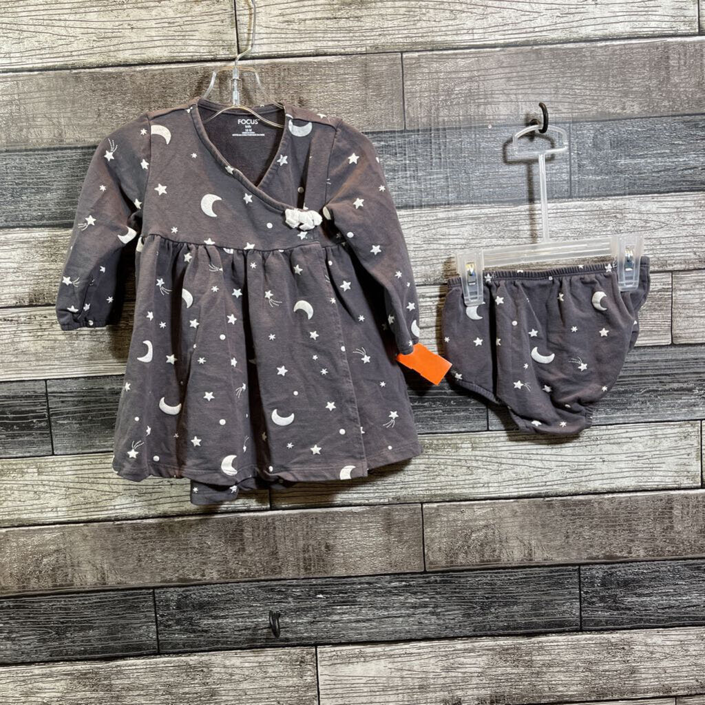 FOCUS 2PC LS MOON & STARS DRESS 18 MO