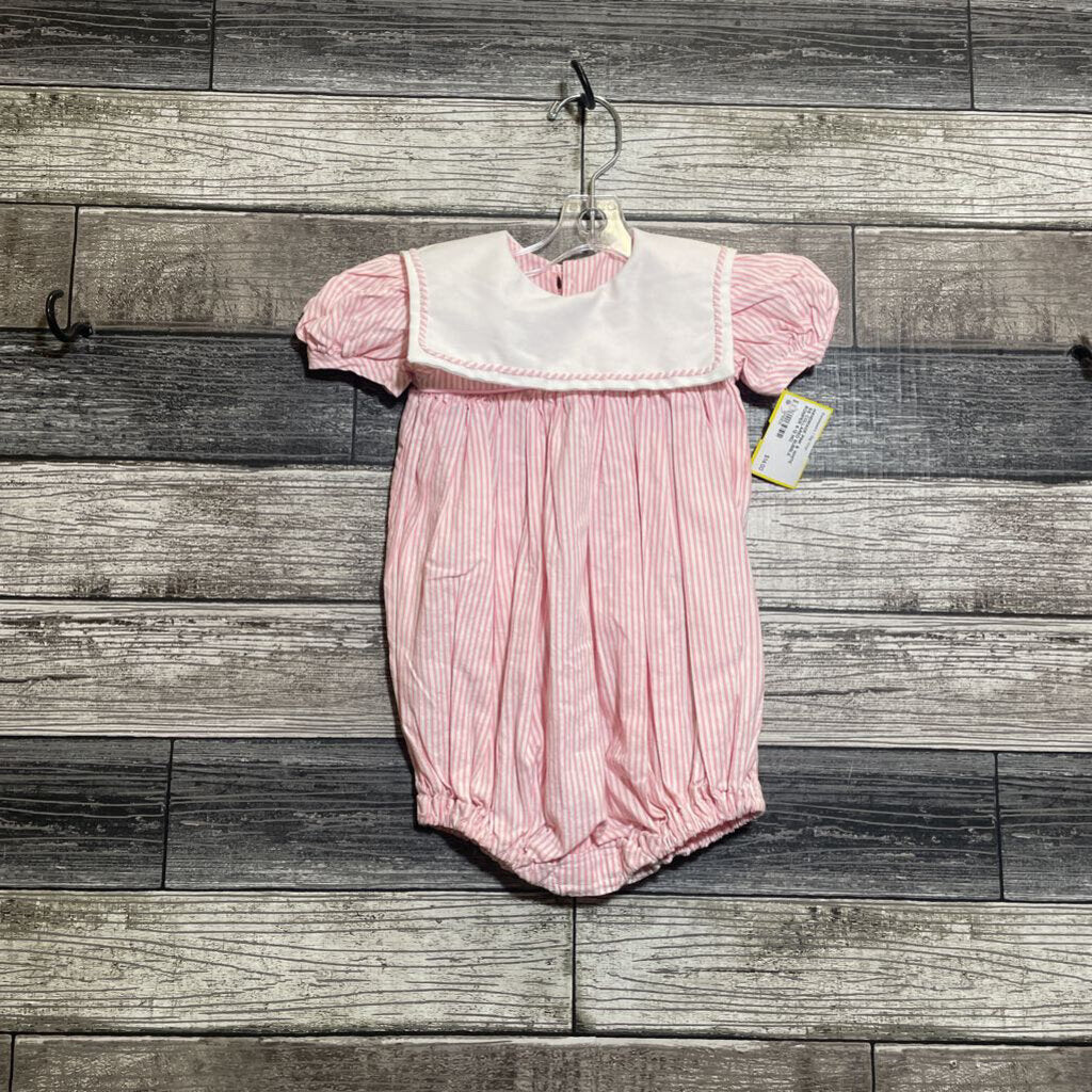 HANDMADE PINK & WHITE SS COLLARED BUBBLE ROMPER 6-12 MO