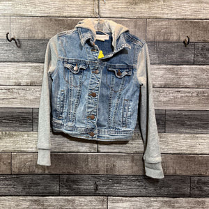 TREASURE & BOND DENIM HOODED JACKET WITH KNIT SLEEVES & HOOD 7/8