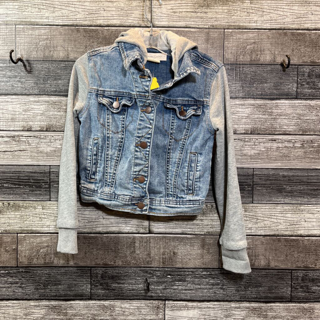 TREASURE & BOND DENIM HOODED JACKET WITH KNIT SLEEVES & HOOD 7/8