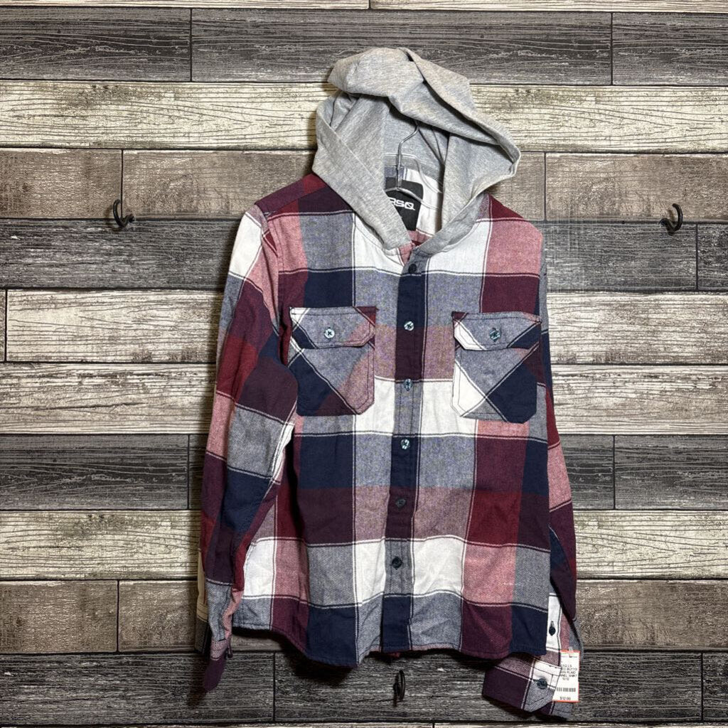 RSQ LS HOODED BUTTON DOWN PLAID FLANNEL SHIRT 10/12
