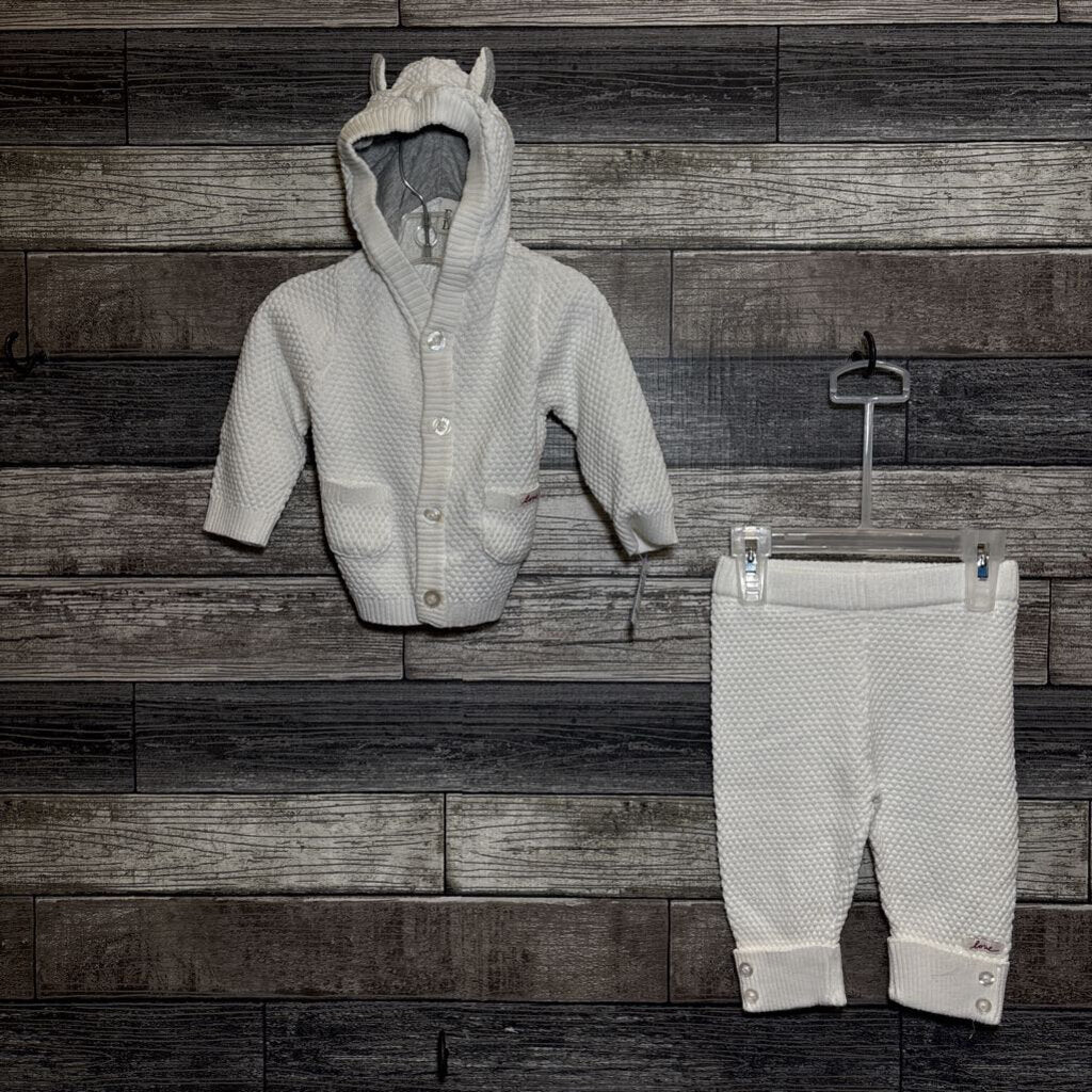 KNITTED WHITE 2PC HOODED CARDIGAN + PANTS 9 MO