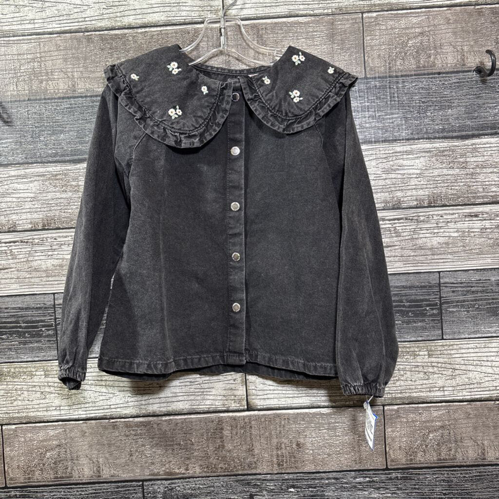 ZARA LS BLACK DENIM SNAP FRONT PETER PAN COLLARED SHIRT 4/5